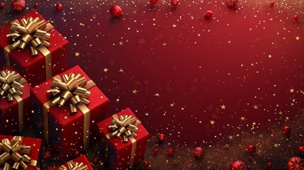 Christmas banner. Realistic gold gift box with red bow, pine branches, golden stars and glitter confetti. Xmas background, cover, poster, greeting cards, headers website.