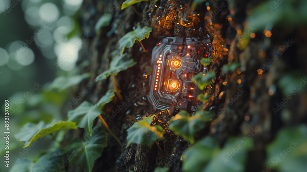 Poster biotechnology innovation with a high-tech device integrated into tree bark, representing the fusion 