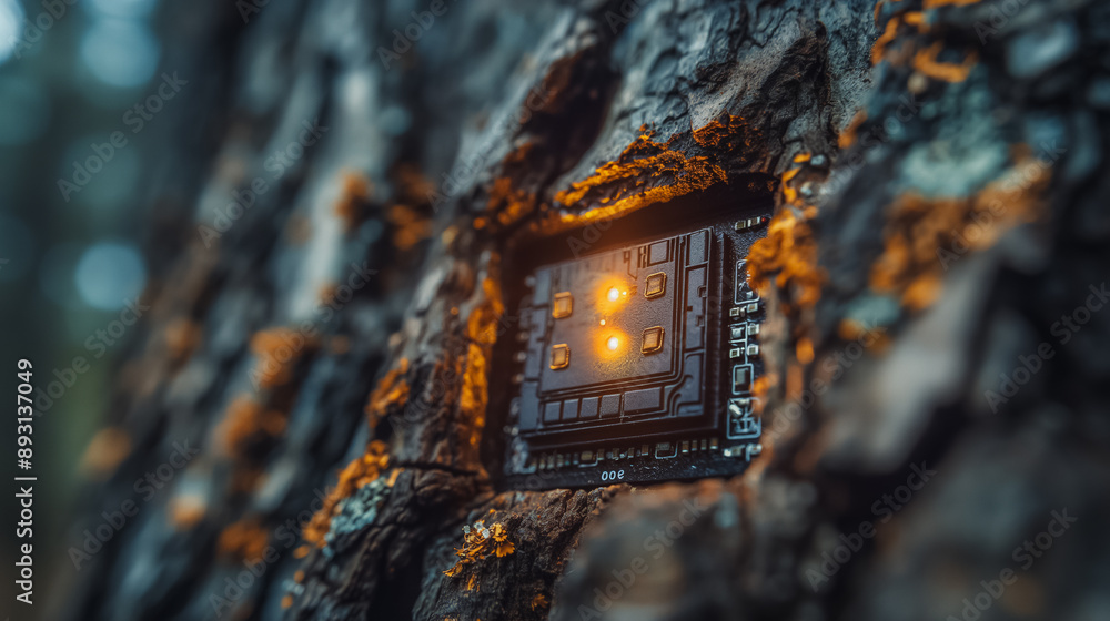 Poster biotechnology innovation with a high-tech device integrated into tree bark, representing the fusion 
