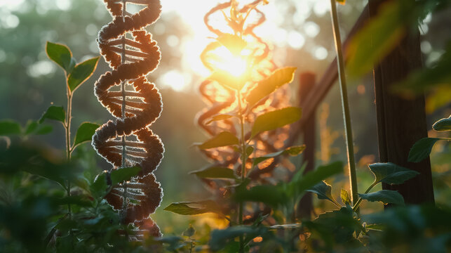 Genetically modified organisms in advanced biotechnology, featuring innovative gene editing for crop improvement and futuristic agriculture.