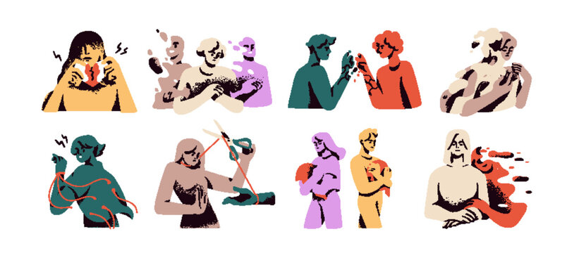 Break up, relationship end. Love couples breakup, divorce. Friend and partner loss, leaving, split, breakdown. Psychology concept set. Abstract flat vector illustration isolated on white background