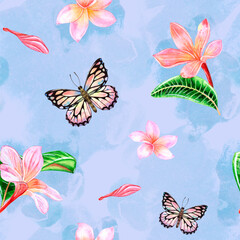 Tropical pink plumeria flowers with beans and spots. Watercolor illustration seamless pattern on a blue background. For design and decor, fabrics and wallpaper, souvenirs
