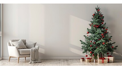 Living room christmas interior in modern style. Christmas tree with armchair on wall mockup. 