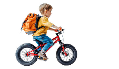 child boy riding a bike isolated on white