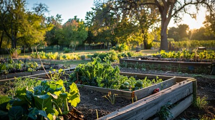 Obraz premium A raised bed in a vegetable garden during the morning with natural lighting, medium shot