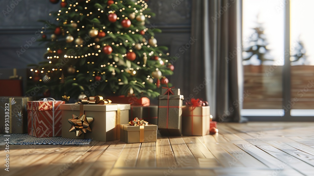 Wall mural Beautiful Christmas gifts under fir tree on floor in room 