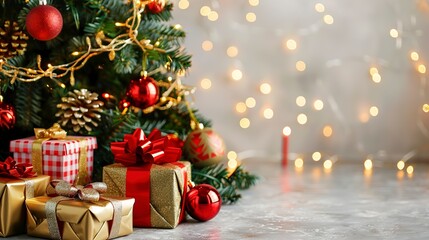christmas gifts and decorated christmas tree with copy space. New Year concept