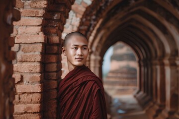 Naklejka premium modern portrait of a young Asian monk walking in an ancient temple in Bagan. He has a radiant face and vibrant eyes. Dressed in a maroon robe, he stands near an archway made from red bricks. He is rea