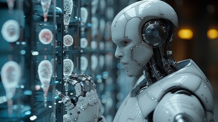 Fototapeta premium A Robot Is Looking at a Glass Wall Full of Different Types of Brain Cells - Generative AI