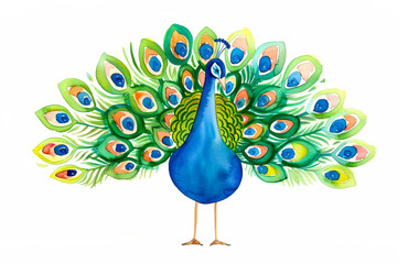 Watercolor illustration of a colorful peacock displaying its feathers on a white background 