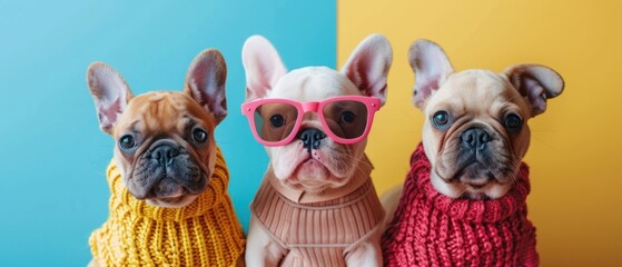 Fototapeta premium Cute dog puppies in eccentric and vibrant mismatched outfits set against a bright background The whimsical attire and joyful expressions of the puppies create an inviting and fun visual ideal for