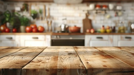 Product stand on wooden table in blurred kitchen background