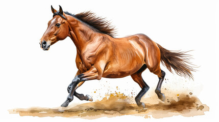 Watercolor illustration of a majestic horse galloping through a field on a white background 