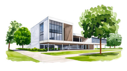 Watercolor illustration of a modern university campus with open spaces and innovative design soft pastel background 