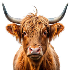 Scottish mini cow with big horns portrait isolated on transparent background