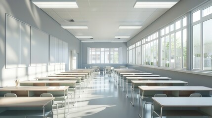 A clean, airy classroom featuring minimalist design and organized desks for the school year