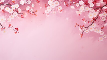 Frame of Sprigs Sakura Cherry Blossoms on pink background.Holiday Concept of spring, 8 march, mother day, april, may, Persian new year.
