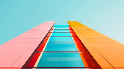 Watercolor illustration of a sleek modern skyscraper with glass facades against a pastel gradient background 