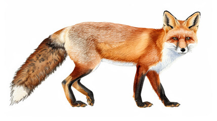 Obraz premium Watercolor illustration of a sneaky fox with a bushy tail on a white background 
