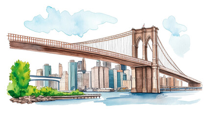 Naklejka premium Watercolor illustration of the Brooklyn Bridge in New York detailed and iconic isolated on a white background 