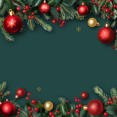 Christmas header banner with red and gold decorations. Tree, ornaments, and tinsel on a green background. Perfect for website templates.