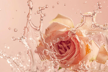 Champagne wine splash exploding in liquid, closeup on pastel pink background, champagne motion splash. Summer refreshing drink concept, wine tasting