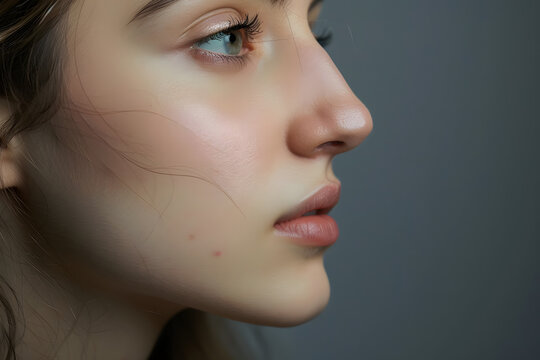 Side view of woman with bumpy aquiline nose in front of gray background