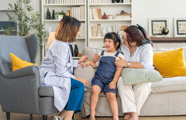 Portrait of smiling caring asian doctor service help support discussing and consulting taking care with small girl patient, child health, kid sick, medicine, medical checkup. children healthcare 