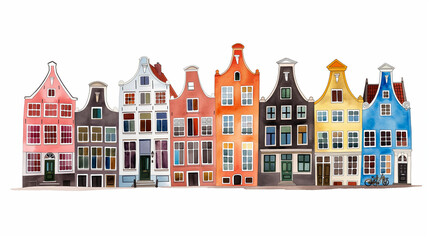 Watercolor sketch of Amsterdams canal houses colorful and charming isolated on white 
