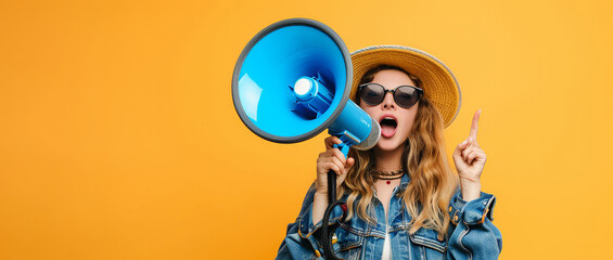 Woman with loud speaker cut out. Woman Shouting Through Megaphone, , announcing discount and offer sales, yellow background