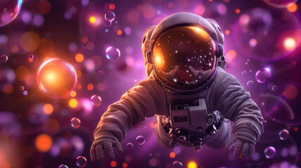 Fototapeta premium Astronaut Floating Among Colorful Bubbles
