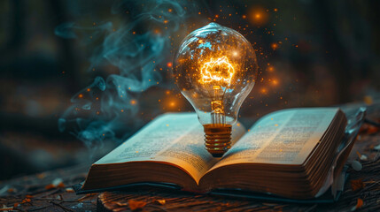 glowing light bulb on an open book symbolizes the spark of knowledge and innovation. Futuristic concept lights in the background emphasize the theme of advanced learning and creative thinking