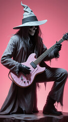 Fototapeta premium A skeletal figure dressed in a witch's hat and tattered clothes plays an electric guitar in an enchanted setting with pink background and gothic architectura