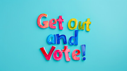 Watercolor text Get Out and Vote isolated on a solid teal background 