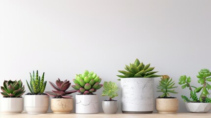 Fototapeta premium Succulent plants in front of white wall, home design. Front view with copy space