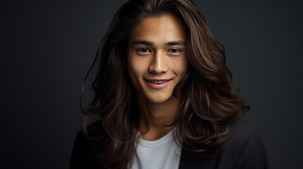 Fototapeta premium Portrait of a cute handsome happy Asian teenager guy with long hair and perfect skin, silver background, banner.