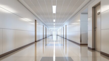 A clean, empty school corridor with minimalist design and neutral colors