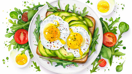 Watercolour painting of a breakfast with avocado toast poached eggs and salad top view vibrant greens and yellows white background 