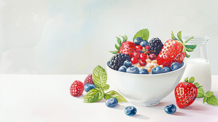 Watercolour sketch of a breakfast scene with cereal bowl milk and fresh fruit wide angle soft hues gradient background 