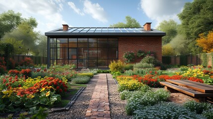 Fototapeta premium A Brick Walkway Leading to a House With a Garden in Front of It - Generative AI