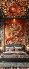 Fototapeta premium Bedroom with Feng Shui dragon and phoenix, symbolizing balance, 3D visualization, [Feng Shui bedroom], [harmony and unity] , 3D wallaper style