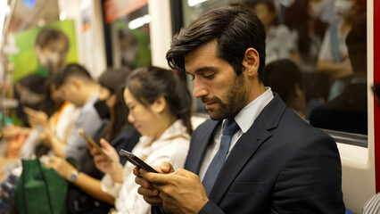 Smiling caucasian business man looking at mobile phone or playing social media while sitting in train. Attractive project manager going to work place by using public transport in rush hour. Exultant.
