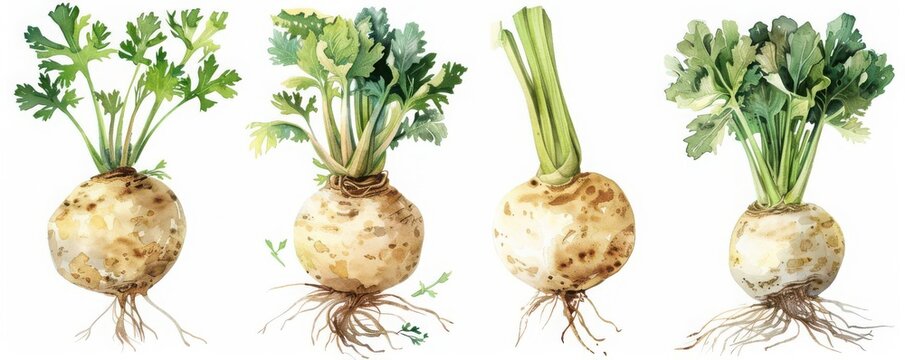 a celeriac clipart, root vegetable element, watercolor illustration, light green, isolated on white background