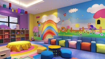 A colorful kindergarten room with playful seating and vibrant wall art