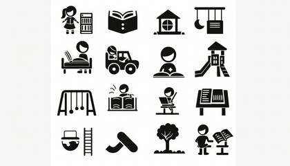 Fototapeta premium Black minimalist education icons, featuring classroom and playground scenes.