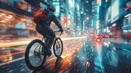 A Man Riding a Bike in the Rain on a City Street With Buildings in the Background - Generative AI