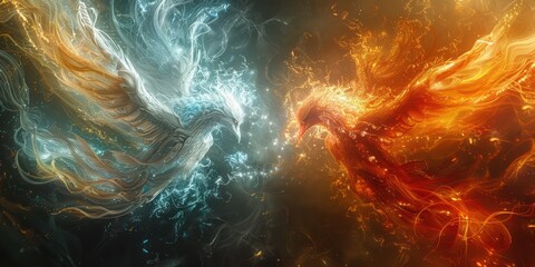 Abstract painting depicting figures of fire and ice facing each other, representing duality and contrast.