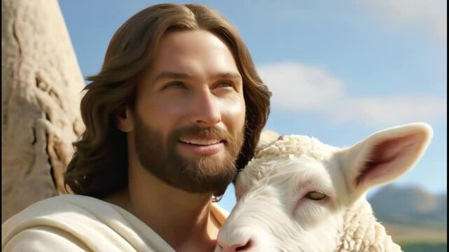 close up of Jesus Crist holding a lamb and smiling -- 4k  stock video footage AI	
