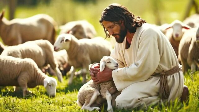 close up of Jesus Crist holding a lamb and smiling -- 4k  stock video footage AI	