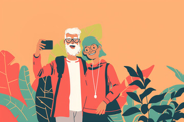 Senior couple doing selfie, modern simple flat design illustration